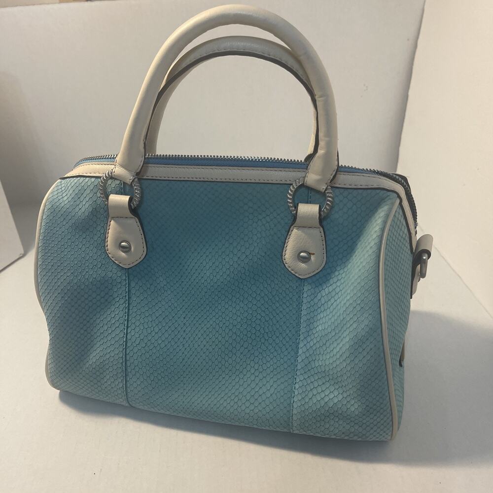 Judith Ripka Satchel Turquoise Teal Embossed Snakeskin Print Leather Handbag